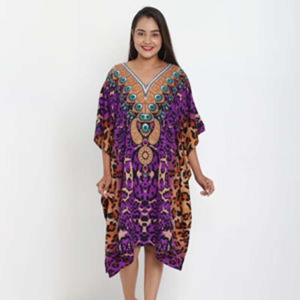 JOVIE Purple Cheetah V-Neck Kaftan - One Size Fits Most